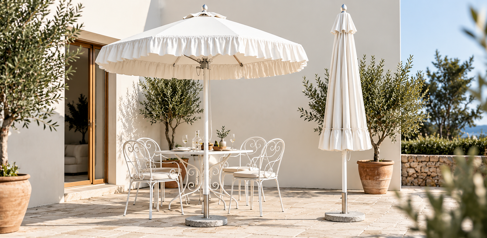 white patio umbrella- sunshade & white table and chairs outdoor garden set