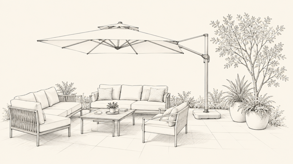 Commercial cantilever umbrella for hospitality outdoor spaces